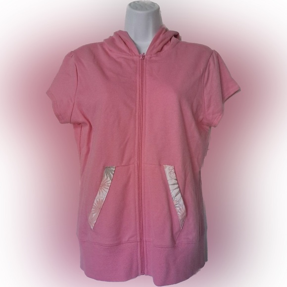 NEW YORK LAUNDRY Pink Tropical Print Short Sleeve Hoodie Jacket - Picture 1 of 8